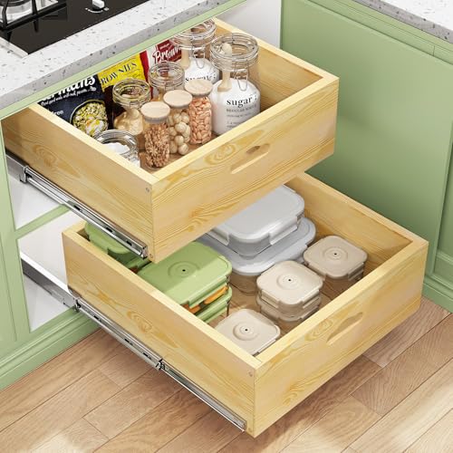 Pull Out Cabinet Organizer, Soft Close Slide Out Solid Wooden Drawers(15"W X 21"D x 6.2''H), Heavy Duty Full-extension Roll Out Shelves for Kitchen Cabinets,Pantry & Closet Organiz