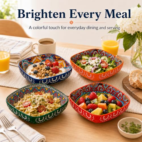 Bohemian Ceramic Bowl Set of 4, 12 oz Square Bowls - Image 6