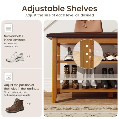 Solid Wood Shoe Rack Bench Entryway Storage with Leather - Image 5
