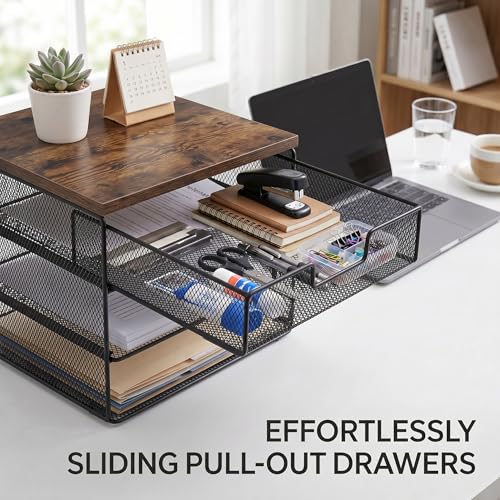 4-Tier Desk Organizer with Drawer Wood Top Paper Tray File - Image 5