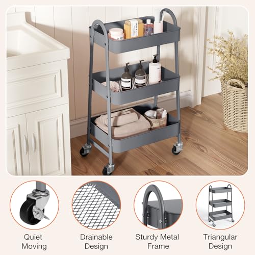 NEWBULIG 3-Tier Metal Rolling Cart with Lockable Wheels, Heavy - Image 3