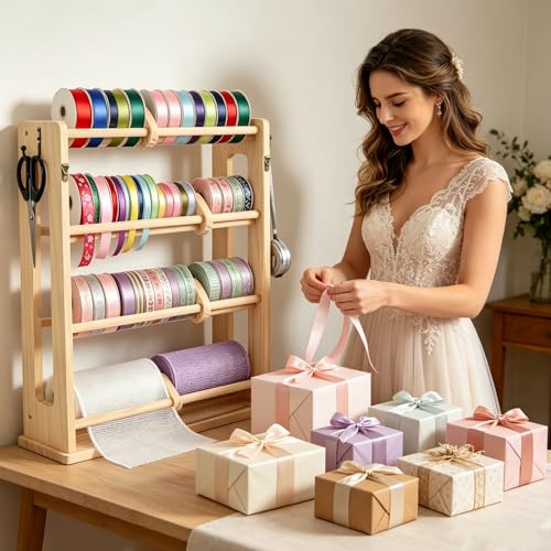 4-Tier Ribbon Storage Rack, Wooden Ribbon Organizer Spool - Image 6