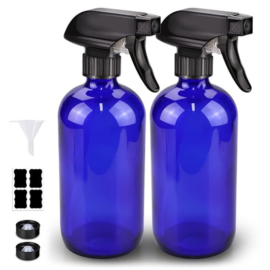 Glass Spray Bottle, Blue Glass Spray Bottle Set & Accessories Refillable for Plants Window Cleaners Aromatherapy Facial Hydration Watering Flowers Hair Care (2 Pack/16 oz) (Blue)