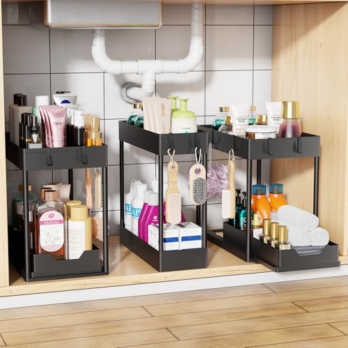 Simple Trending Under Sink Organizer 3 Pack, with Sliding Drawer, Black