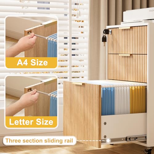3 Drawers Fluted Mobile File Cabinet with Lock, Rolling - Image 4