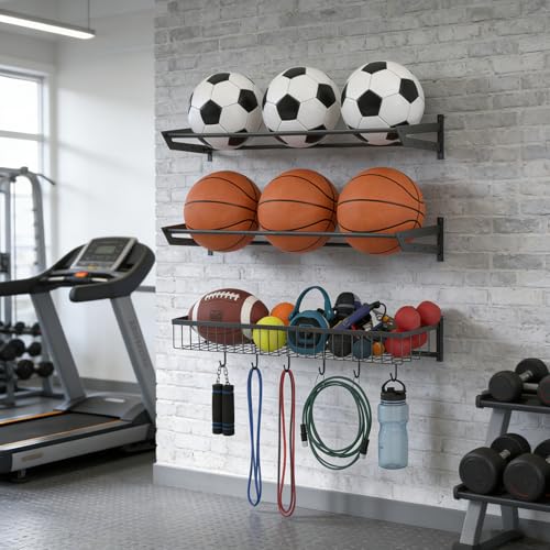 Wall Mount Ball Rack, Garage Sports Equipment Rack with 3 - Image 8