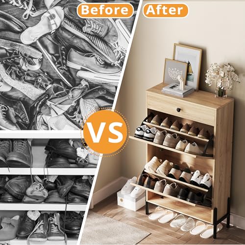 IRONCK Narrow Shoe Cabinet with 2 Flip Drawers and Rattan - Image 7