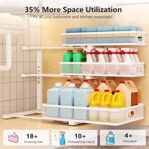 3-Tier Under Sink Organizer, Slide Out Drawer Rack, White, 2 Pack - Image 5