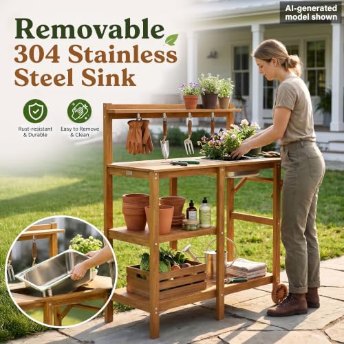 YEFU Potting Bench with Sink, All-Weather Resistant,Teak - Image 5