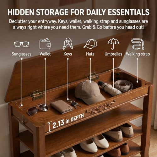 Shoe Rack Bench with Storage 3 Tier Solid Wood Entryway - Image 8