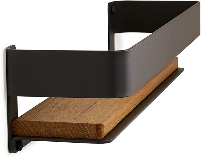 Seachrome Rectangular Shower Shelf with Rail in a Matte Black Finish and Natural Teak Wood Insert