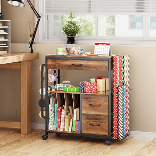 Wrapping Paper Storage Cart, Up to 12 Rolls, Wood Grain - Image 3