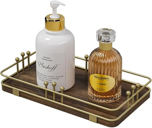 Bathroom Vanity Tray for Toiletries Makeup Perfume Candle Toilet Tank, Kitchen Tray for Soap Dispenser Spice Salt, Small Tray for Countertop Decor Coffee Nightstand 7.9”x4.4” Brown-Gold