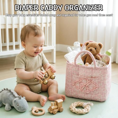 Quilted Fabric Car Storage Basket with Handles & Pocket - Image 5