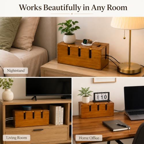 Acacia Wooden Cable Management Box, 12" Cord Hider | Home Organization - Image 7