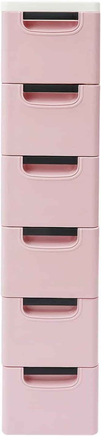 6 Drawers Narrow Slim Plastic Storage Cabinet,Storage Drawer with Wheels,6 Tier Drawers Dresser,Rolling Narrow Cabinet for Small Spaces Bathroom Kitchen Bedroom Living Room,Pink