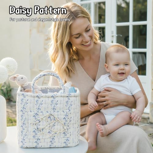 Quilted Fabric Car Storage Basket with Handles & Pocket - Image 6