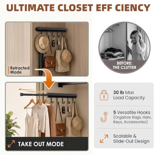 Valet Rod for Closet, 12" Pull Out Retractable with 5 - Image 4