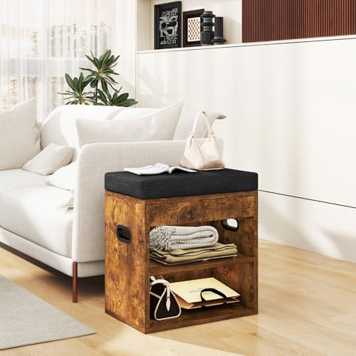 Small Shoe Storage Bench with Cushion and Drawer, Rustic Brown - Image 6