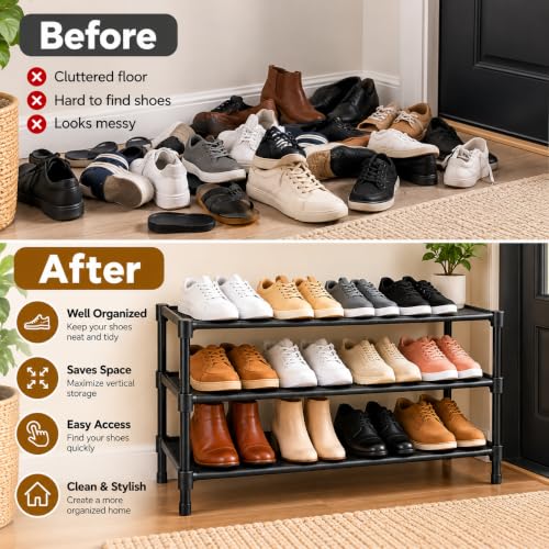 3-Tier Stackable Shoe Rack for Small Spaces, Black Shoe Organizer - Image 6