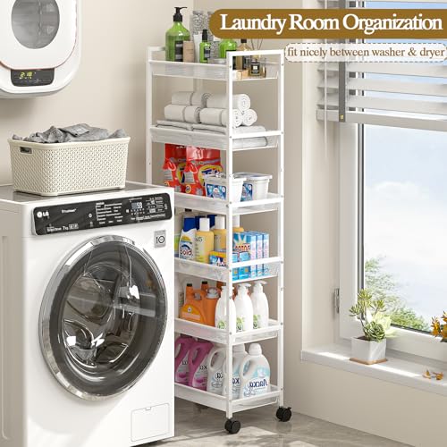 6 Tier Slim Rolling Storage Cart, Narrow Mobile Shelving Unit - Image 6