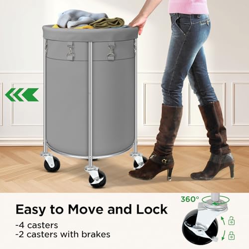 100L Round Rolling Laundry Hamper Basket with Wheels, Grey - Image 7