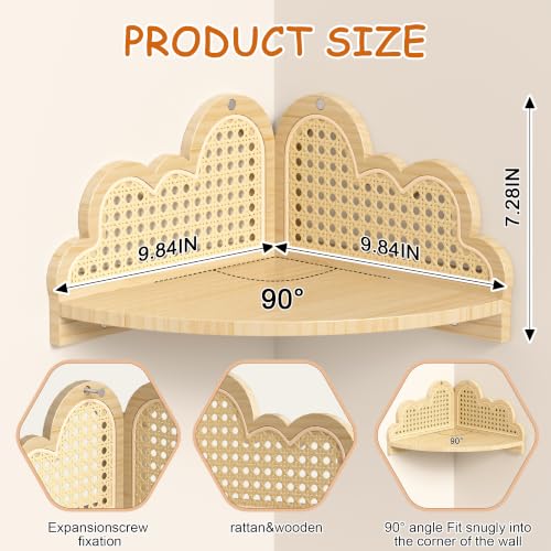 Cloud Rattan Corner Floating Shelves,3 Pack Solid Wood Boho - Image 4