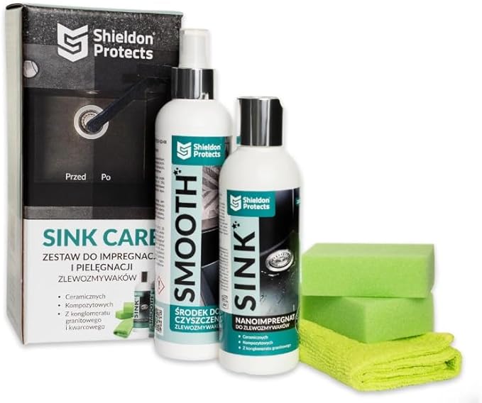 Shieldon Sink Care Kit – Cleaner & Nano Sealer for Granite Composite, Ceramic & Natural Stone Sinks – Restores Shine, Repels Stains, Grease & Hard Water – 2 Sponges & Microfiber Cloth