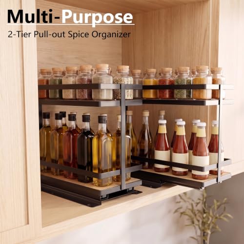Pull Out Spice Rack 2Pcs Metal & Wood Seasoning Organizer Black - Image 6