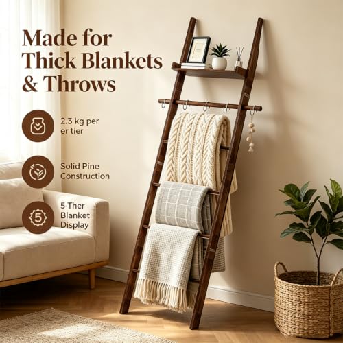 6-Tier Farmhouse Wooden Blanket Ladder with Shelf | Garage Storage - Image 6