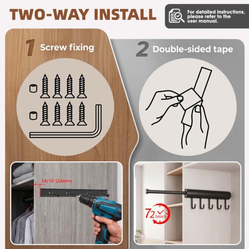 Valet Rod for Closet, 12" Pull Out Retractable with 5 - Image 7