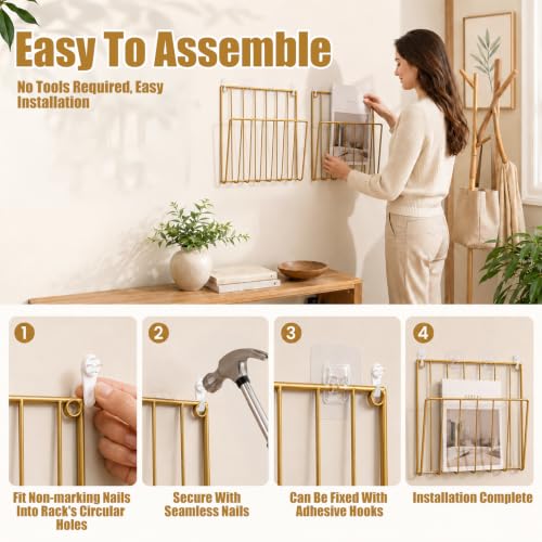 2 PCS Wall Mounted Magazine Racks, Durable Gold Mail Organizer - Image 7