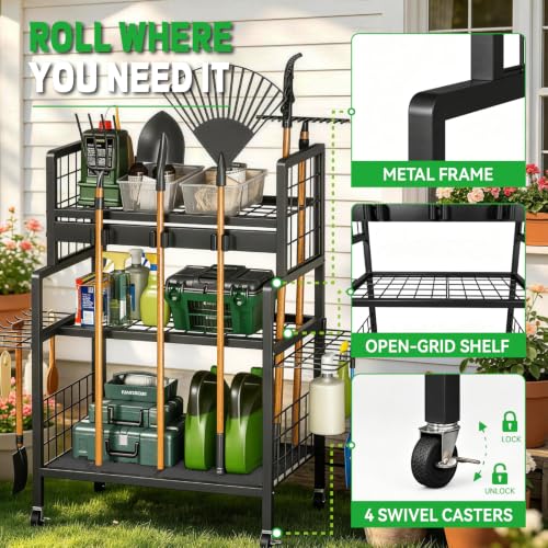 Garden Tool Organizer with Wheels, 3-Tier Metal Garden - Image 8