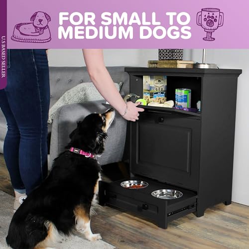 Raised Dog Bowl Stand with Food Storage Cabinet - Black - Image 4