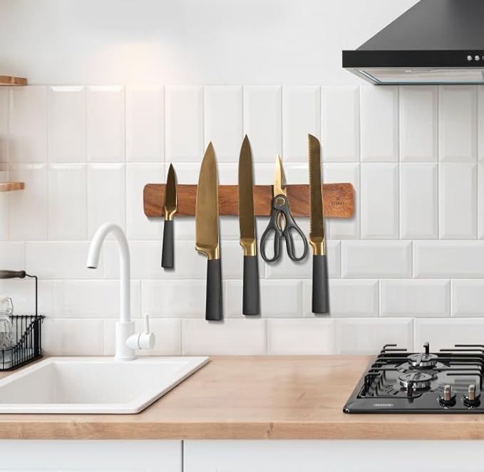 4 YORVOY Magnetic Knife Holder for Wall-16 inches long Kitchen Organizer- No Drilling Knife Magnetic Strip- Compact Utensil Holder- Acacia Wood Knife Rack- Strong Knife Magnet- Easy Installation