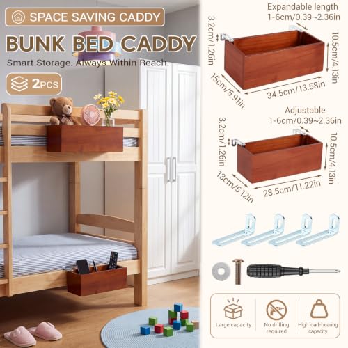 2 Pcs Bunk Bed Shelf 2 Size, Bedside Storage Caddy, Wood, Brown - Image 3