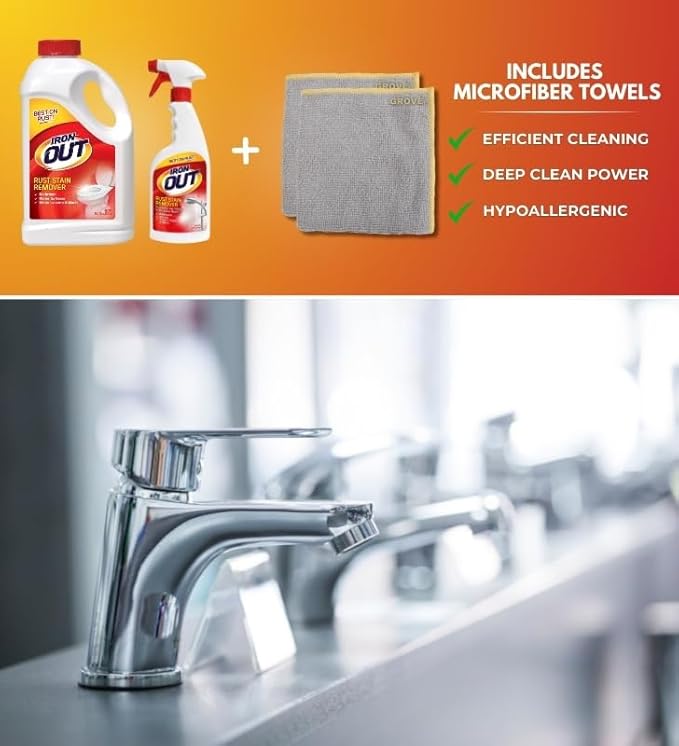 Iron Out Rust Remover Spray 16 oz + 28 oz Powder Bundle with Microfiber Cloth - Rust Stain Remover - Hard Water Toilet Stain Cleaner - Dissolves Rust on Tubs, Sinks, and Showers - (4 Items)