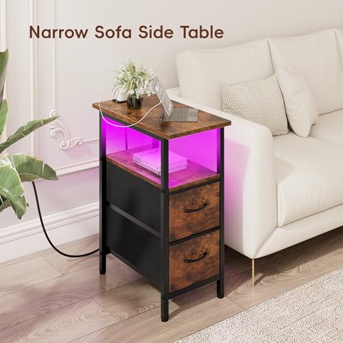 Vagusicc Nightstand with Charging Station and LED Lights, Narrow - Image 8