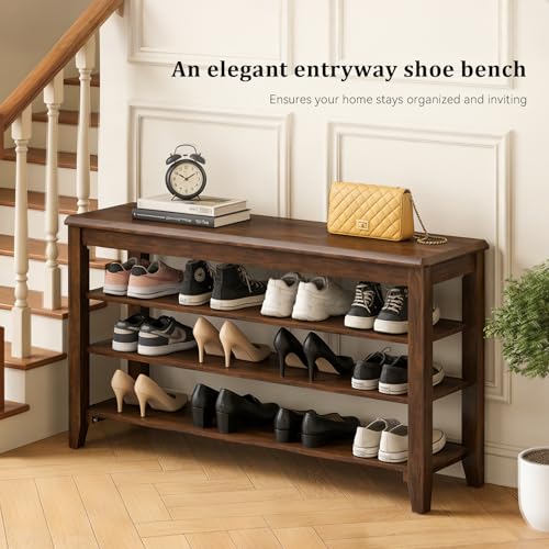 Shoe Rack Bench with 3 Tier Adjustable Shelves Rubberwood - Image 4