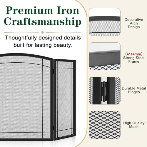 48"W X29"H Wrought Iron Fireplace Screen, 3-Panel Spark Guard - Image 6