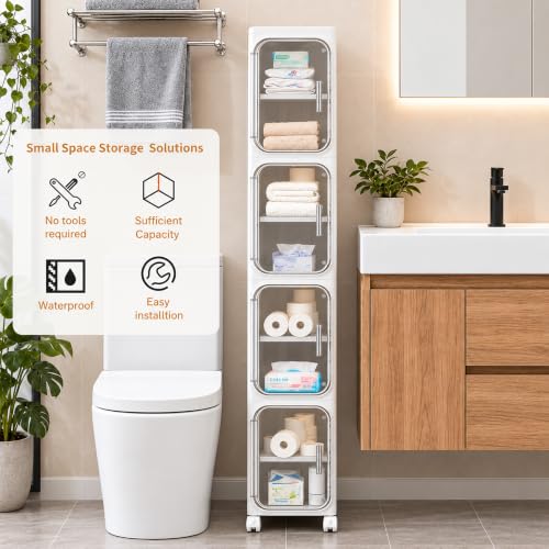 Narrow Slim Bathroom Storage Cabinet with Wheels, 4-Tier White - Image 4