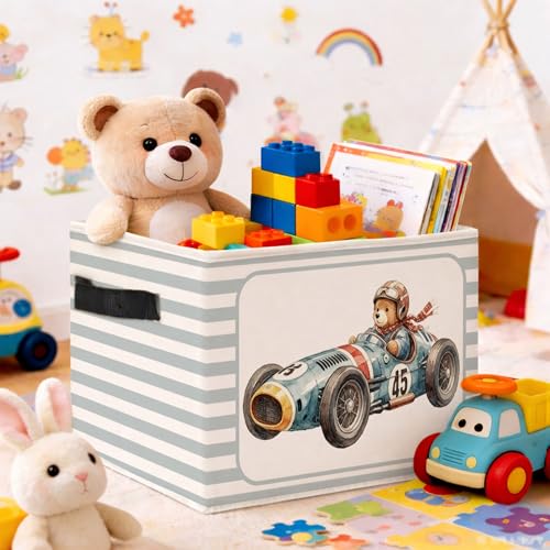 Race Car Bear Storage Bin, Blue Gray Stripe Foldable Fabric - Image 3