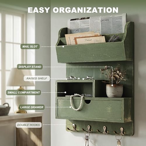 Pine Wood Key Holder Wall Mount with Drawer & Mail Slot, Green - Image 6