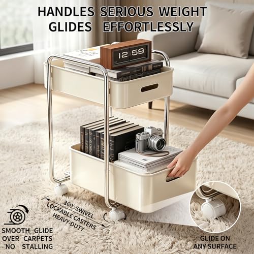 2-Tier Metal Rolling Cart Under Desk Storage Wheels Cream White - Image 6