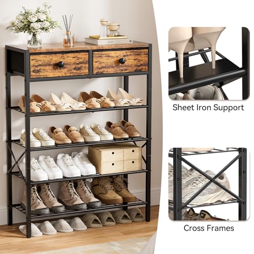 5 Tier Shoe Rack with 2 Drawers, 16-20 Pairs Rustic Brown - Image 7