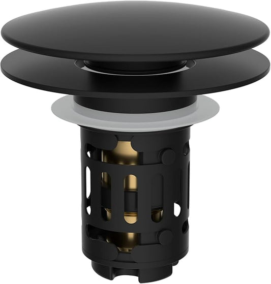 Hibbent Upgraded 3 in 1 Bathroom Sink Drain Strainer, Pop Up Sink Stopper with Big Push Cap, Anti-Clogging Metal Filter Basket,Sink Plug with Hair Catcher for 1.1''~2.36'' Basin, Matte Black