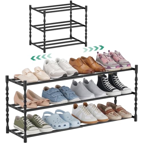 3 Tier Expandable Shoe Rack, Black Metal Storage Shelf - Image 2