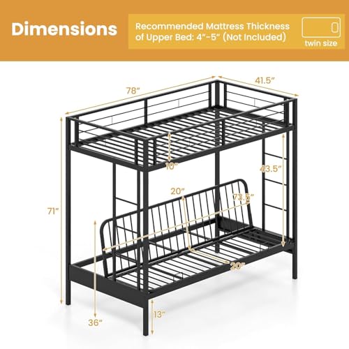 Nafort Metal Twin Over Futon Bunk Bed, Heavy-Duty Steel Frame - Image 3
