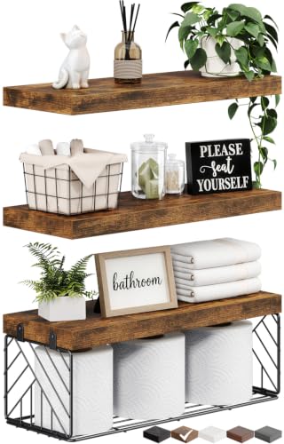 BAYKA Rustic Brown Floating Bathroom Shelves, 15.7in - Image 2