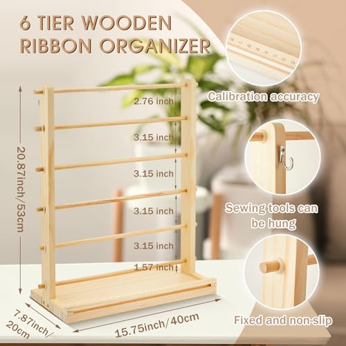 6 Tier Wooden Ribbon Organizer Ribbon Holder for Craft Room Gift - Image 3